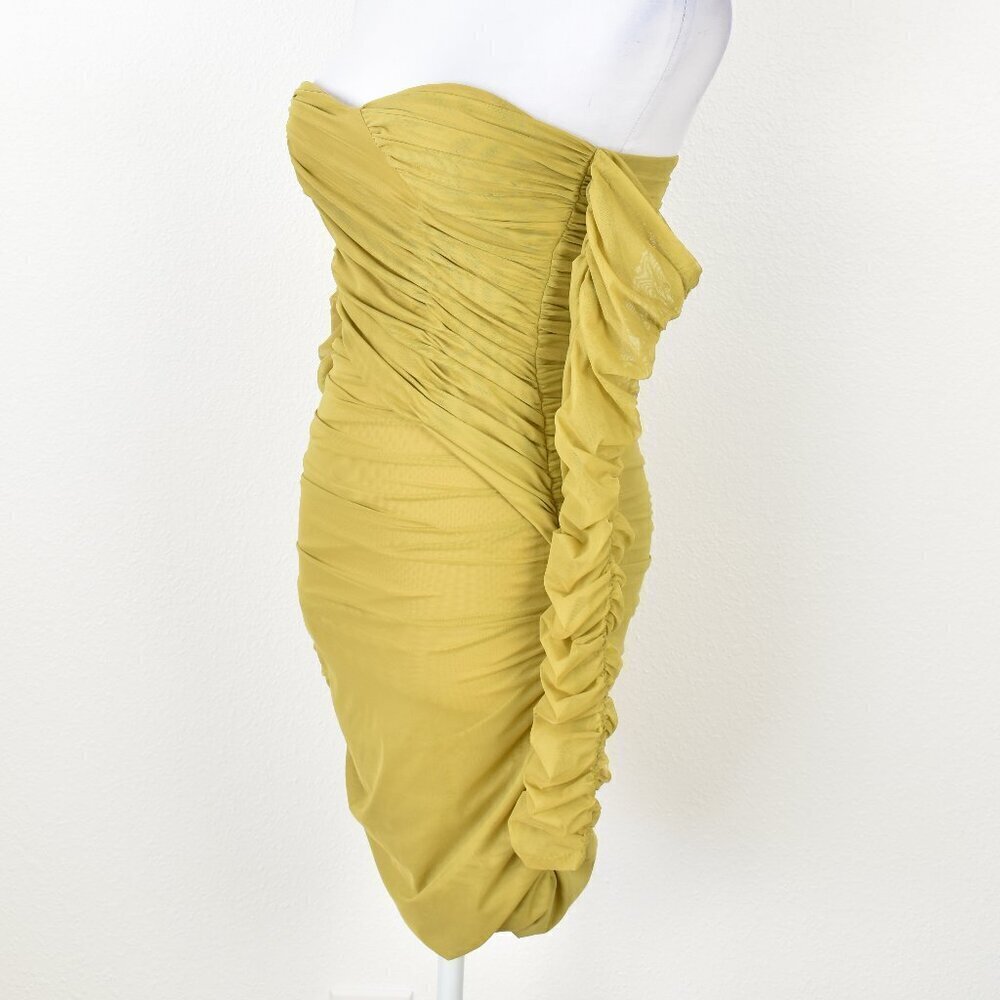 Miss Circle Ruched Chartreuse Cold Shoulder Bodycon Cut Out Dress - M - Picture 5 of 10